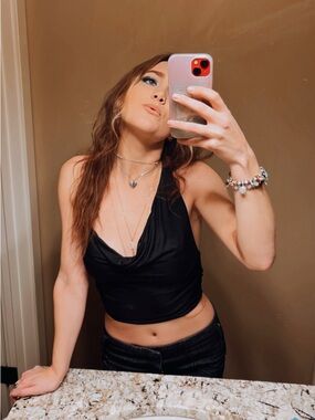 I.AM.GIA Black Draped Open Back Halter Crop with Cowl Neck